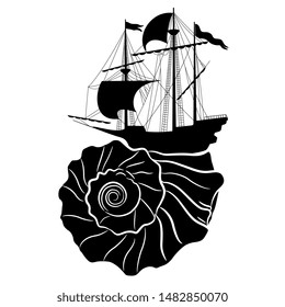 Isolated vector illustration. Silhouetted conceptual logo. Vintage sailing ship in a sea shell. Romantic travelling.