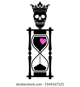 Isolated vector illustration. Silhouetted hourglass with human dead head in royal crown and pink heart. Metaphor for love and death.