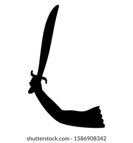 Isolated vector illustration. Silhouetted human hand holding raised sword. 