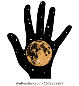 Isolated vector illustration. Silhouetted human hand as starry night holding full. Creative concept.