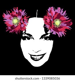 Isolated vector illustration. Silhouetted portrait of a beautiful female face adorned with two poppy flowers.