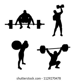 Isolated vector illustration of silhouettes of weightlifters. A set of athletes with a barbell for your design.