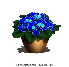 Isolated vector illustration of the simple brown flower-pot with realistic blooming primula flowers