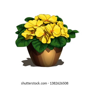 Isolated vector illustration of the simple brown flower-pot with realistic blooming primula flowers