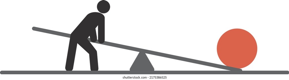 Isolated Vector Illustration Of A Simple Lever. Man Holding Lever Trying To Lift Heavy Weight By Means Of Fulcrum. 