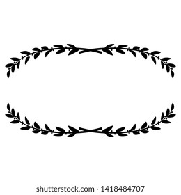 Isolated vector illustration. Simple oval floral decor or frame with stylized olive or laurel branches. Black silhouette on white background.