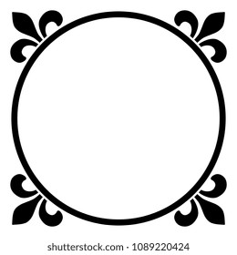 Isolated vector illustration. Simple round border with floral motifs. Classical vintage style. Black silhouette on white background.
