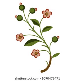 Isolated vector illustration. Simple sttylized branch with flowers and berries. Folk style.