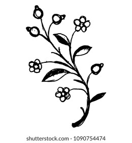 Isolated vector illustration. Simple stylized branch with flowers and berries. Hand drawn linear sketch. Black silhouette on white background.