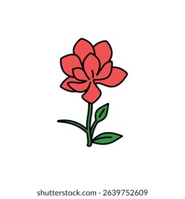 Isolated vector illustration of a single stylized flower featuring red petals outlined in black, a green stem, and two green leaves with black outlines on a white background.