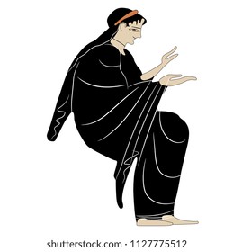 Isolated vector illustration of a sitting ancient Greek woman in long dress. Based on antique vase painting motif.