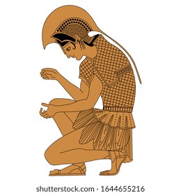 Isolated vector illustration. Sitting ancient Greek warrior in helmet and armor. Vase painting style.