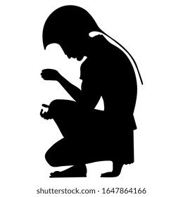 Isolated vector illustration. Sitting ancient Greek warrior in helmet and armor. Vase painting style. Black silhouette on white background.