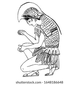 Isolated vector illustration. Sitting ancient Greek warrior in helmet and armor. Vase painting style. Hand drawn linear doodle ink sketch. Black silhouette on white background.