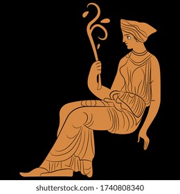 Isolated vector illustration. Sitting ancient Greek woman holding branch. Vase painting style.