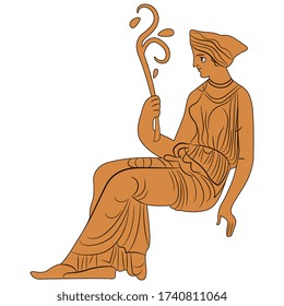 Isolated vector illustration. Sitting ancient Greek woman holding branch. Vase painting style.