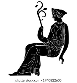 Isolated vector illustration. Sitting ancient Greek woman holding branch. Vase painting style. Black and white linear silhouette.