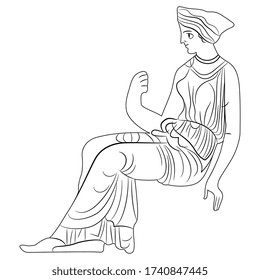 Isolated vector illustration. Sitting ancient Greek young woman or goddess. Vase painting style. Black and white linear silhouette.