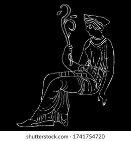 Isolated vector illustration. Sitting ancient Greek woman holding branch. Hand drawn linear sketch. White silhouette on black background.