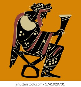 Isolated vector illustration. Sitting ancient Greek god Dionysus holding rhyton of wine. Vase painting style.