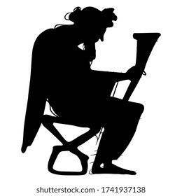 Isolated vector illustration. Sitting ancient Greek god Dionysus holding rhyton of wine. Vase painting style. Black silhouette on white background.