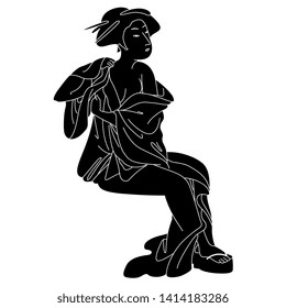 Isolated vector illustration. Sitting Japanese woman dressing or taking bath. Traditional style. Black and white linear silhouette.