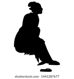 Isolated vector illustration. Sitting Japanese lady. Black silhouette on white background.