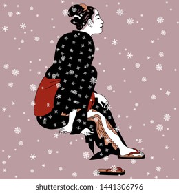 Isolated vector illustration. Sitting Japanese woman under snowflakes. Traditional vintage style.