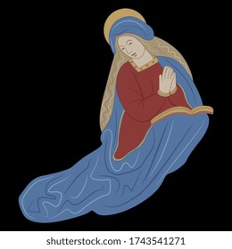 Isolated vector illustration. Sitting Madonna. Praying Virgin Mary. Christian female saint.