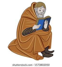 Isolated vector illustration. Sitting medieval man reading a book. Illuminated manuscript motif.