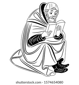 Isolated vector illustration. Sitting medieval man reading a book. Illuminated manuscript motif. Black and white silhouette.