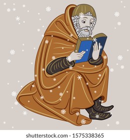 Isolated vector illustration. Sitting medieval man reading a book under snowflakes. Illuminated manuscript motif.