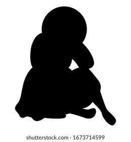 Isolated vector illustration. Sitting person in retro dress. Vintage woman in straw hat. Seated Christian saint with nimbus. Black silhouette on white background.