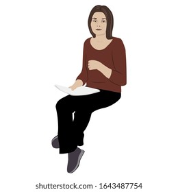 Isolated vector illustration. Sitting sad young woman holding a letter or sheet of paper. Cartoon style.
