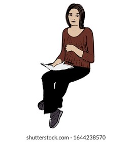 Isolated vector illustration. Sitting sad young woman holding a letter or sheet of paper. Hand drawn colorful sketch.