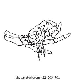 Ilustración vectorial aislada del esqueleto sosteniendo una bola ocular. Icono de línea delgada para diseño, cubierta, etc.	