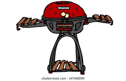 Isolated vector illustration sketch of a red and grey barbeque with wooden slats. Can be resized.  