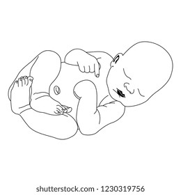 Isolated Vector Illustration. Sleeping Newborn Baby. Hand Drawn Linear Sketch. Black Silhouette On White Background.