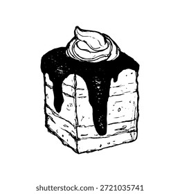 Ilustración vectorial aislada de una rebanada de pastel dulce. Dibujado a mano comida sabrosa sobre un fondo blanco. Dibujo en blanco y negro de un trozo de pastel cortado.