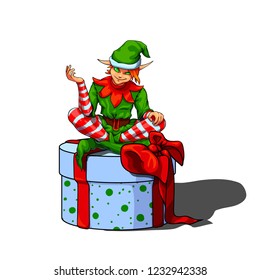 Isolated vector illustration of a sly elf santa helper sitting on a gift box.