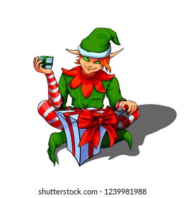 Isolated vector illustration of a sly elf santa helper sitting behind a gift box with a small christmas gift in his hand.