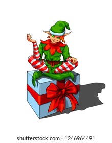 Isolated vector illustration of a sly elf santa helper sitting on a gift box.