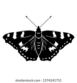 Isolated vector illustration. Small tortoiseshell butterfly. (Aglais urticae). Black and white silhouette.