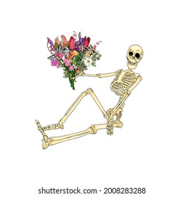 Isolated vector illustration of a smiling human skeleton with a bouquet on a white background. Skeleton for logo, emblem, print, blank for designers, postcard