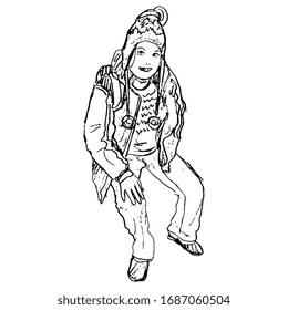 Isolated vector illustration. Smiling sitting tourist girl. Young woman in sportive winter clothes. Hand drawn linear doodle ink sketch. Black silhouette on white background.