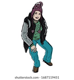 Isolated vector illustration. Smiling sitting tourist girl. Young woman in sportive winter clothes. Hand drawn colorful sketch.