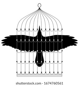 Isolated vector illustration. Soaring raven inside birdcage. Black and white silhouette. Creative concept for flight and freedom.