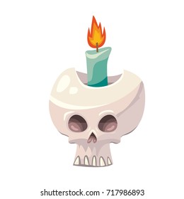 Isolated vector illustration of spooky Halloween human skull with flaming candle inside on white background