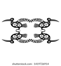 Isolated vector illustration. Square animal decor with four fantastic birds. Tribal motif of Native American Nootka Indians. Black and white silhouette.