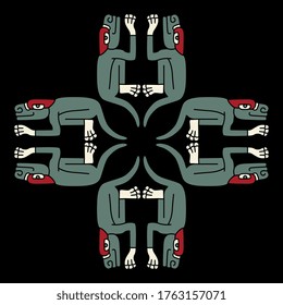 Isolated vector illustration. Square cross decor with four fantastic animals. Native American Mexican art of Aztec Indians.